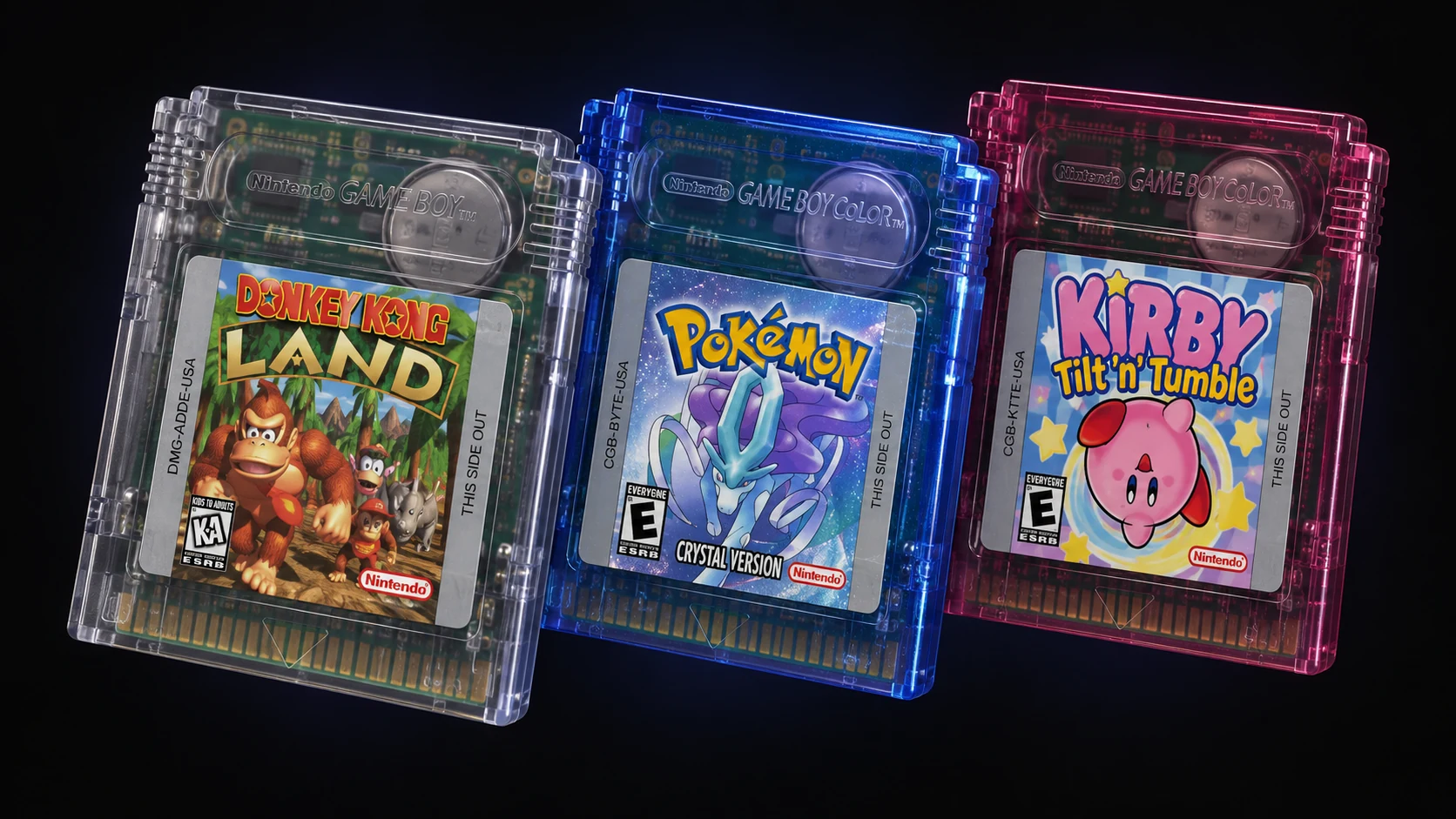 Three floating Game Boy and Game Boy Color cartridges with translucent clear, blue, and Bordeaux shells.
